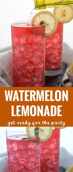 watermelon lemonade is served in tall glasses with ice and lime wedges