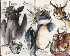 an open notebook with drawings of different types of animals and monsters on it's pages