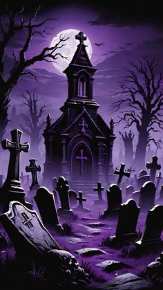 a cemetery with tombstones and crosses in front of a full moon