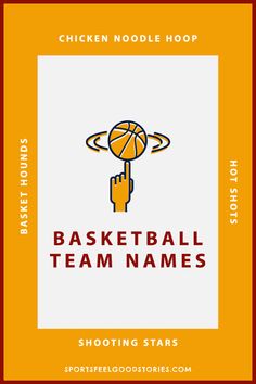 the basketball team name is shown in red and yellow with a hand holding a basketball ball