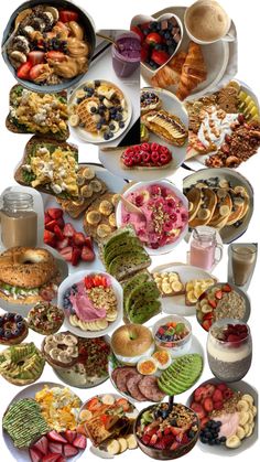 a collage of different types of food on plates