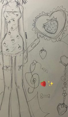 a drawing of a girl standing next to a strawberry