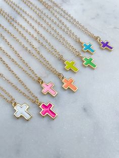 "Perfect gift for child or adult! We can customize any length. Gorgeous cross necklace on a 14k gold filled chain, 14k gold jumprings and 14k gold filled clasp. Pendant is approximately 9mm x 14mm. Choose color and length at checkout.  Giftbox included! Great Easter basket gift, first communion gift, confirmation gift, baptism gift, Christmas gift!  *For Child Length - we usually do 14.5\" with a 1.25\" extender. Any length can be made upon request." Pink Cross Necklace For Gifts, Pink Cross Necklace For Gift, Child Necklace, Necklace Colorful, First Communion Gifts, Easter Gifts For Kids, Easter Gift Baskets, Communion Gifts, Cross Chain