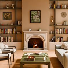 a living room filled with furniture and a fire place next to a book shelf full of books