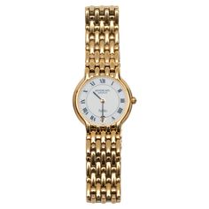 18K yellow gold Geneve Fidelio watch by Raymond Weil. Back clasp closure. 1" width, 8" length. Raymond Weil, Mini Gold, Modern Watches, Jewelry Essentials, Wedding Idea, Casual Watches, Jewelry Inspo, Modern Jewelry, Gold Watch