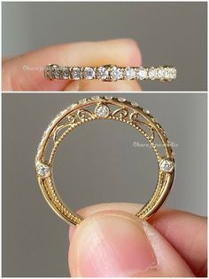 an image of a gold wedding ring with diamonds on top and the bottom half showing