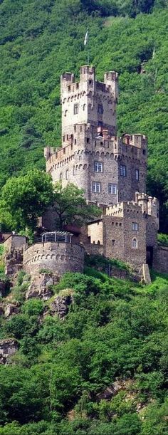 an old castle sitting on top of a lush green hillside covered in trees and bushes