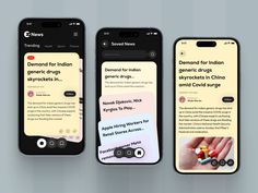 three smartphones displaying different types of medicine on the same screen, one with an ad for