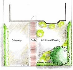 a drawing of a garden design with trees and bushes in the center, along with an additional parking space