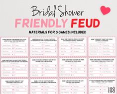 the bridal shower game is shown in pink and white with red hearts on it