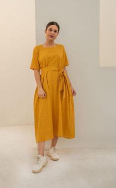 yellow-midi-dress-11604047YL, Women Clothing, Cotton Dress Short Sleeve Midi Dress With Tie Back, Solid Maxi Dress With Tie Waist And Short Sleeves, Spring Half Sleeve Belted Dress, Short Sleeve Dresses With Sashes For Spring, Short Sleeve Midi Dress With Tie Waist, Short Sleeve Belted Maxi Dress For Work, Belted Short Sleeve Maxi Dress For Work, Summer Midi Dress With Belt And Half Sleeves, Belted Midi Dress With Half Sleeves