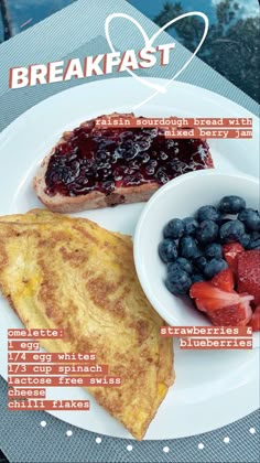 a breakfast plate with toast, berries and blueberries on it is shown in this advertisement