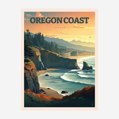 the oregon coast poster is displayed on a wall