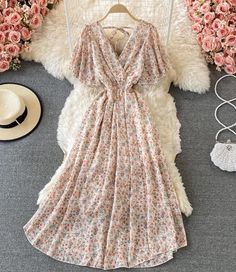 Elegant v neck floral dress fashin dress Pink Chiffon V-neck Maxi Dress, Pink Floral Print V-neck Dress For Summer, Beige Chiffon V-neck Dress, Beige V-neck Chiffon Dress, Apricot V-neck Party Dress, Feminine Beige V-neck Maxi Dress, Beige V-neck Maxi Dress For Spring, Beige V-neck Maxi Dress For Garden Party, Chic Beige Chiffon Midi Dress