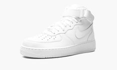 White leather/rubber Air Force 1 Mid '07 sneakers from NIKE featuring signature Swoosh logo detail, round toe, perforated detailing, front lace-up fastening, ankle touch-strap fastening, branded insole and rubber sole.  These styles are supplied by a premium sneaker marketplace.  Stocking only the most sought-after footwear, they source and curate some of the most hard to find sneakers from around the world. . Nike Air Force 1 Mid, Air Force 1 Mid, Stadium Goods, Graphic Apparel, Swoosh Logo, Nike Air Force 1, Velcro Straps, White Shoes, Nike Air Force Sneaker