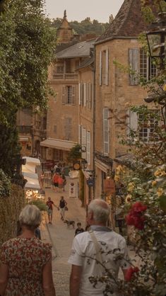 two people walking down a street with buildings in the background and flowers growing on the sidewalk