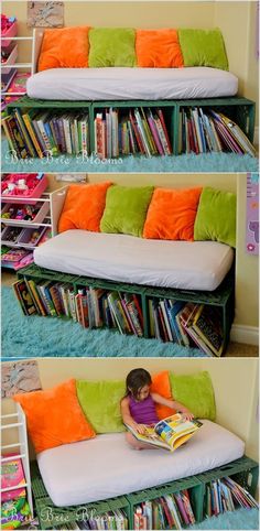 De Todo, Un Poco .: Muebles con cajas de plástico Bookshelf Bench, Book Loft, Old Cribs, Cozy Area, Reading Nook Kids, Crate Shelves, Milk Crate, Carpentry Skills, Milk Crates