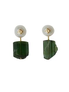 14k green tourmaline crystal terminations and pearl earrings. These earrings have detachable tourmaline crystals. The pearls can be worn alone as stud earrings and the tourmalines can also be attached to another pair of stud earrings. Elegant Green Tourmaline Earrings, Green Tourmaline Crystal, Pearl Earring, Delivery Gifts, Tourmaline Crystal, Green Tourmaline, Ear Jewelry, Earring Necklace, Ring Earrings