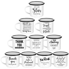 six coffee mugs with the words thank you for being loved