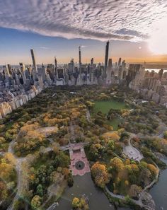 an aerial view of the central park in new york city, ny at sunset or sunrise