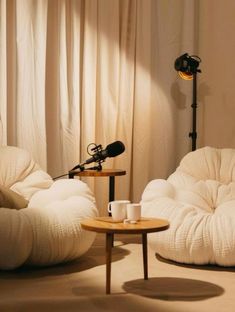 a room with two bean chairs and a microphone on the table in front of it