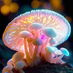 a group of mushrooms that are glowing in the dark