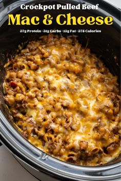 the crockpot pulled beef mac and cheese is ready to be cooked in the slow cooker