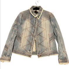 Perfect Denim Jacket With Front Hooks Closure. Chest:19” Length: 25” Designer Blue Denim Outerwear, Designer Denim Long Sleeve Outerwear, Designer Blue Denim Jacket For Fall, Fur Collar Jacket, Lined Denim Jacket, Perfect Denim, Jean Jacket Women, Blue Jean Jacket, Embroidered Jacket