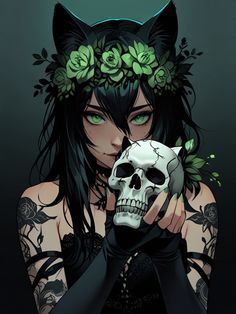 a woman with green eyes holding a cat skull in front of her face and wearing a flower crown on her head