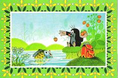 an image of a cartoon scene with fish and frog in the water, surrounded by flowers