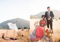 a man and woman are sitting in the middle of a field with an american flag