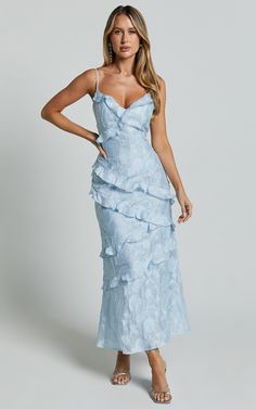 Michaela Midi Dress - Jacquard Ruffle Detail Tiered Dress in Light Blue Flutter Sleeve Prom Dress, Light Dusty Blue Bridesmaid Dresses, Blue Linen Bridesmaid Dress, Patterned Blue Bridesmaid Dresses, Maxi Hoco Dress, Bridesmaid Dress Light Blue, Cute Midi Dress, Light Blue Dress Bridesmaid, Mix N Match Bridesmaid Dresses