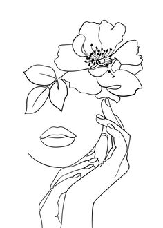 a line drawing of a woman's face holding a flower in her right hand