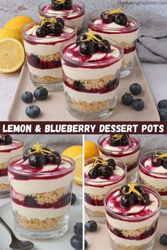 lemon and blueberry dessert pots on a tray