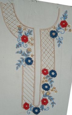 an embroidered shirt with red, white and blue flowers