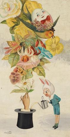 an image of a painting with flowers on the top and a person holding a watering can