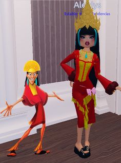 two animated women dressed in red and yellow outfits, one is holding her hand out to the other