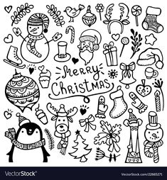 black and white christmas doodles with penguins, snowmen, trees, gifts