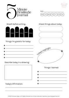 the five minute journal for kids is shown in black and white, with text that reads 5