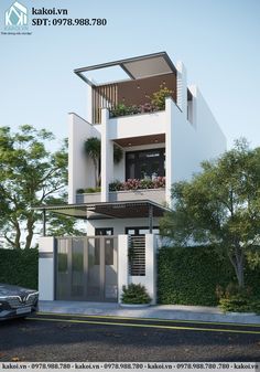 a modern house with plants on the balcony and balconies over the top floor