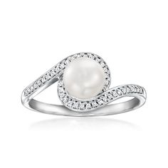 Ross-Simons - 6.5-7mm Cultured Pearl, .10ct t. w. Diamond Swirl Ring Size 6. Diamonds and pearls for a nice price? Yes, please! Our elegant 6.5-7mm cultured freshwater button pearl ring features a sparkling .10 ct. t. w. round diamond swirl design in polished sterling silver. 3/8" wide. Diamond and white pearl swirl ring. Pearl birthstones are the perfect gift for June birthdays. Luxury Sterling Silver Pearl Drop Ring, Luxury Classic Sterling Silver Pearl Ring, Luxury Sterling Silver Open Pearl Ring, Luxury Sterling Silver Round Pearl Ring, Hallmarked Sterling Silver Pearl Ring, Swirl Diamond Ring, Pearl Birthstone, Swirl Ring, Jewelry Essentials