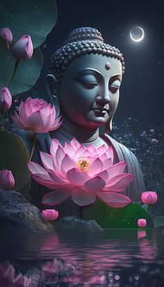 the buddha statue is surrounded by pink flowers and water lilies in front of a full moon