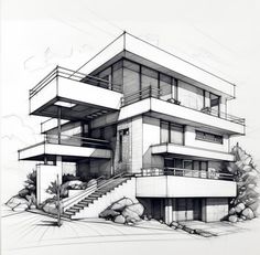 an architectural drawing of a house with stairs and balconies on the upper floor