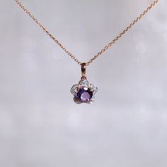 14K Gold Amethyst Halo Diamond Flower Pendant, 5mm Natural Amethyst Flower Necklace, Perfect Purple stone necklace for her, she will like it. Make to order * Metal: 14K * Custom Colors: Rose Gold, Yellow Gold, White Gold * Main Stone: Amethyst, Round Shape, 1pcs * Side Stone: Diamonds, 15 pcs, 0.04 ct. * Metal: 925S * Custom Color: Gold Vermeil in 18K Rose Gold/ 18K Yellow Gold, Sterling Silver * Main Stone: Amethyst, Round Shape, 1pcs * Side Stone: Cubic Zirconia, 15 pcs, 0.04 ct. * Pendant Siz Fine Jewelry Rose Gold Amethyst Necklaces, Fine Jewelry Rose Gold Amethyst Necklace, Luxury Amethyst Birthstone Necklace, Flower Shaped Amethyst Jewelry For Anniversary, Elegant Lavender Flower Shaped Jewelry, Purple Sterling Silver Flower-shaped Jewelry, Purple Amethyst Necklace With Prong Setting, Purple Gemstone Flower Pendant Necklace, Elegant Flower Shaped Amethyst Jewelry