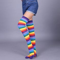 Color: 1, Size: One Size Striped Gloves, Thigh Socks, Thigh High Stocking, Rainbow Socks, Striped Stockings, Knit Stockings, Over The Knee Socks, Thigh High Socks, Europe Fashion