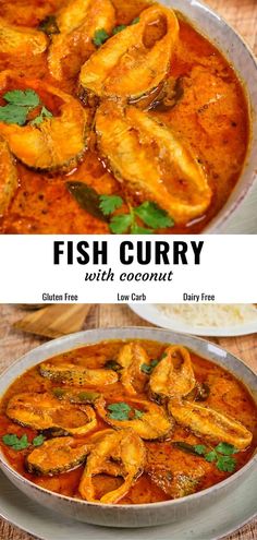 fish curry with coconut served in a bowl on a wooden table, and the recipe below