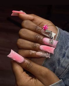 Pink Freestyle Acrylic Nails, Long Nail Sets, Pink Junk Nails, Duck Nails, Her Nails