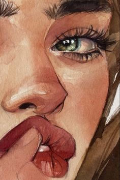 a watercolor painting of a woman's face with her tongue out