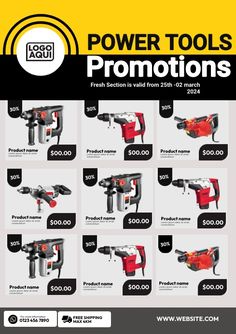 power tools promotion flyer with prices for the products and price list on each item in this ad