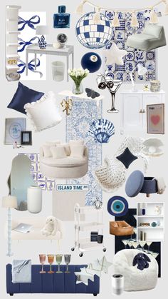 a collage of blue and white items including furniture, pillows, vases and other things